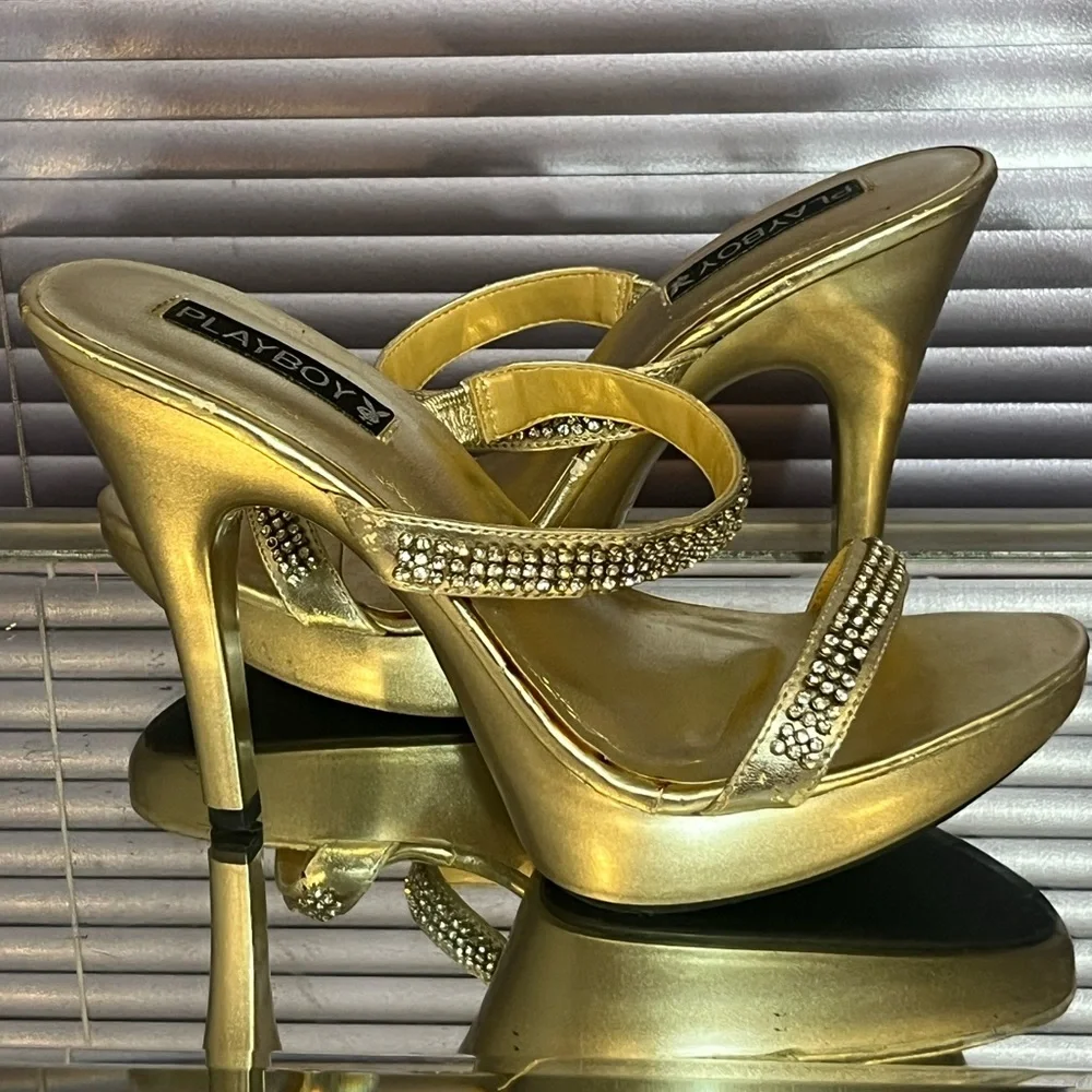 PLAYBOY Gold Rhinestone stiletto high heel sandal shoes vintage sparkly platform - Picture 3 of 7